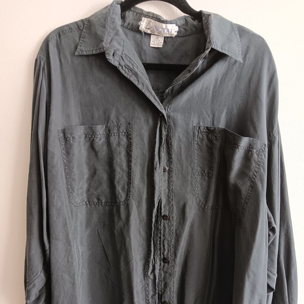 Vintage, Pure Silk Grey Plus Size Button Down Top